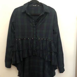 Green plaid high/low button up blouse
